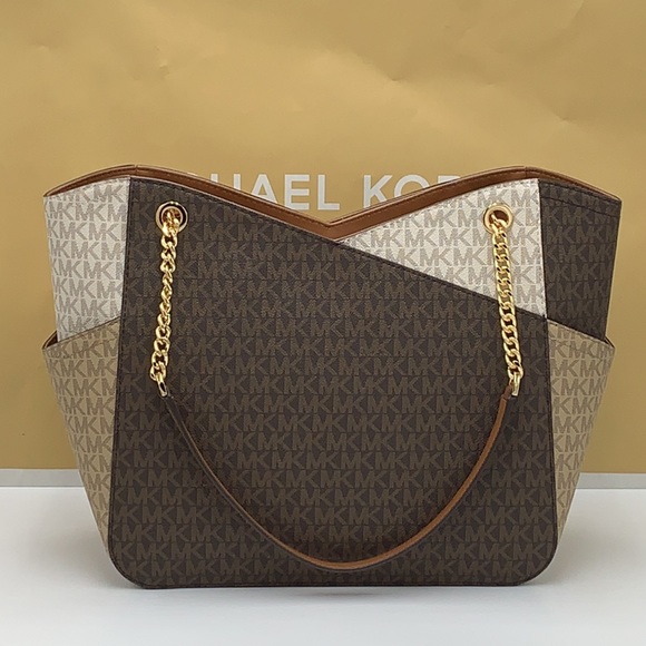 MICHAEL KORS LARGE X CHAIN SHOULDER TOTE BAG LUGGAGE / BROWN MULTI COLOR - Picture 4 of 16